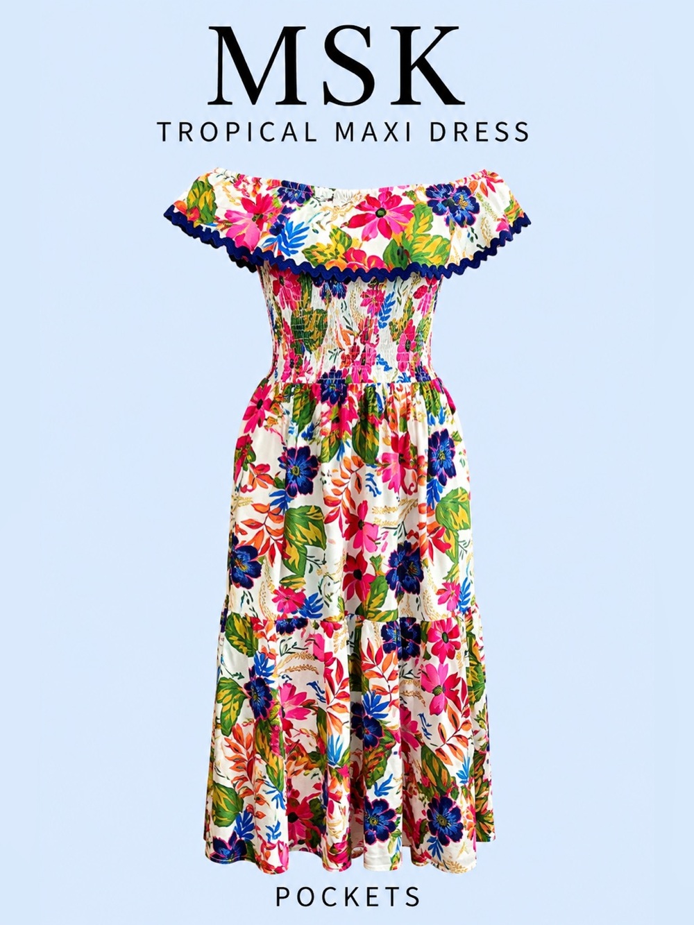 MSK Tropical Floral Maxi Dress Off Shoulder Smocked Pockets Medium